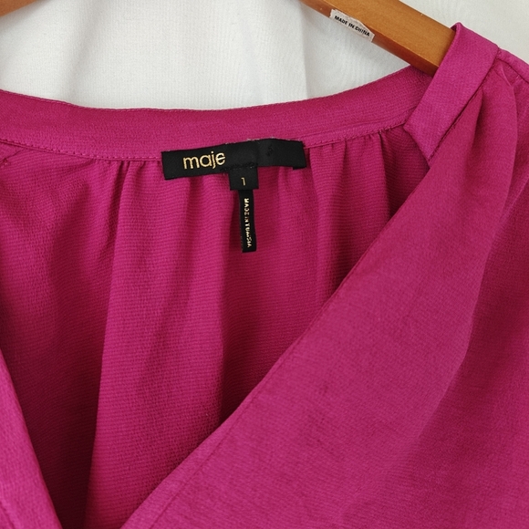 Maje Plunge Neckline Satin Long Sleeve Blouse In Magenta Size Small - Picture 6 of 12